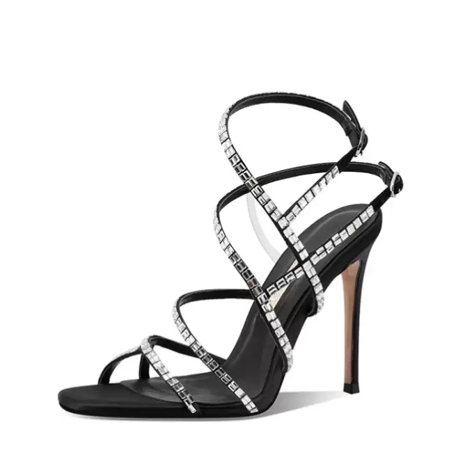 Black Square Toe Multi Interwoven Strappy Stiletto Sandals Inlaid with Baguette Crystals – Designer Shoe Manufacturer