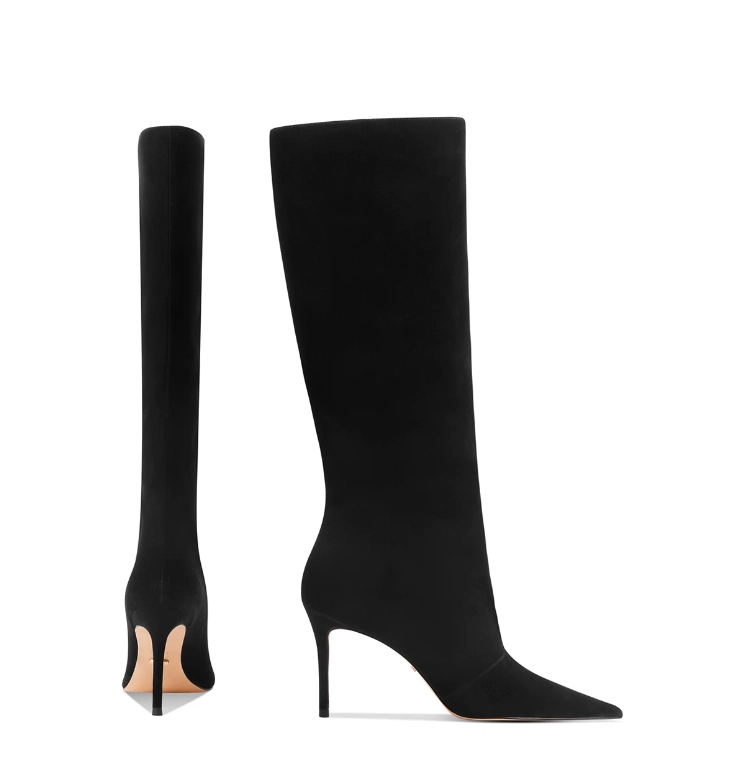 Black Suede Pointed Toe Knee High Stiletto Boots – Designer Shoe Manufacturer