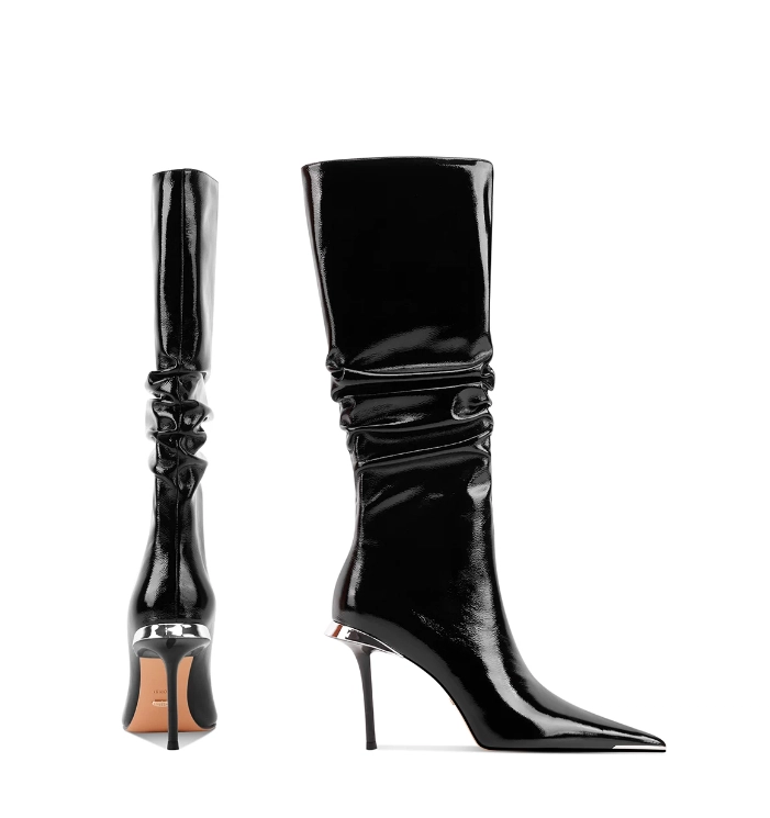 Black Patent Leather Ruched Knee High Boots With Silver Metal Heel Trim & Pointed Toe – Designer Shoe Manufacturer