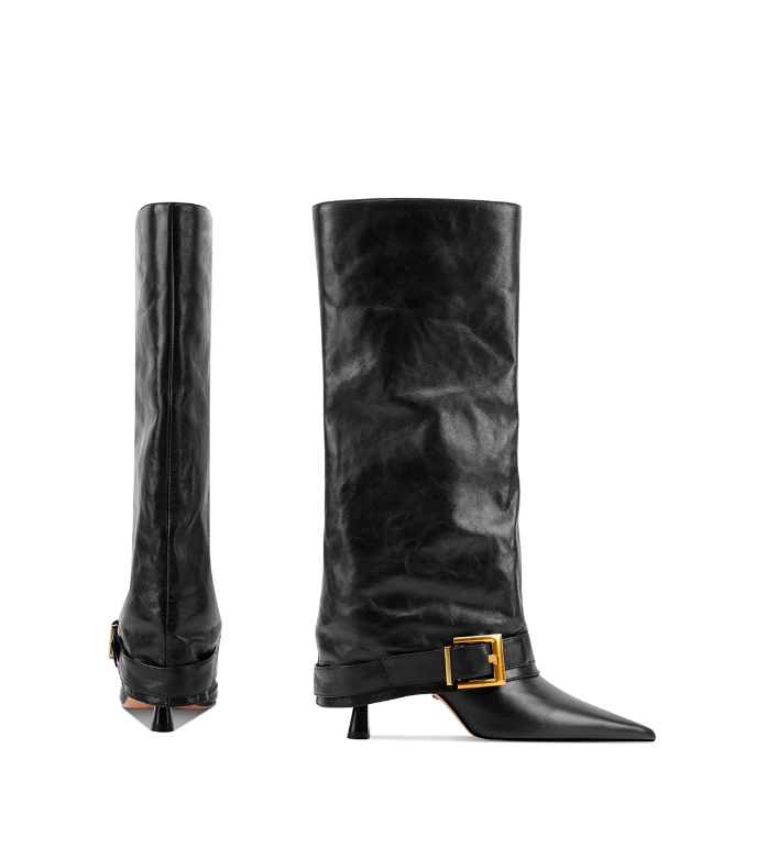 Black Crinkled Leather Pointed Toe Knee High Boots With Gold Square Buckle & Low Cone Heel – Designer Shoe Manufacturer