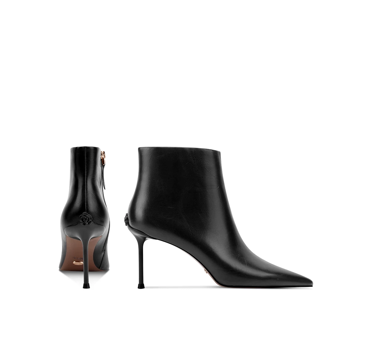 Black Leather Pointed Toe Ankle Boots With Rose Sculpted Heel Detail – Designer Shoe Manufacturer