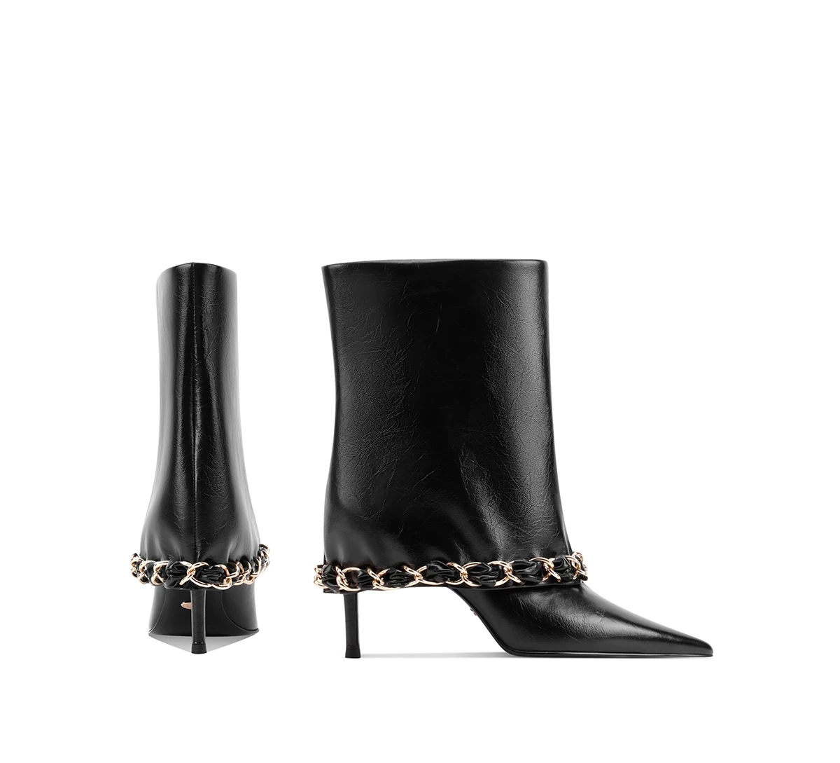 Black Textured Leather Pointed Toe Ankle Boots With Leather Woven Gold Chain Trim – Designer Shoe Manufacturer