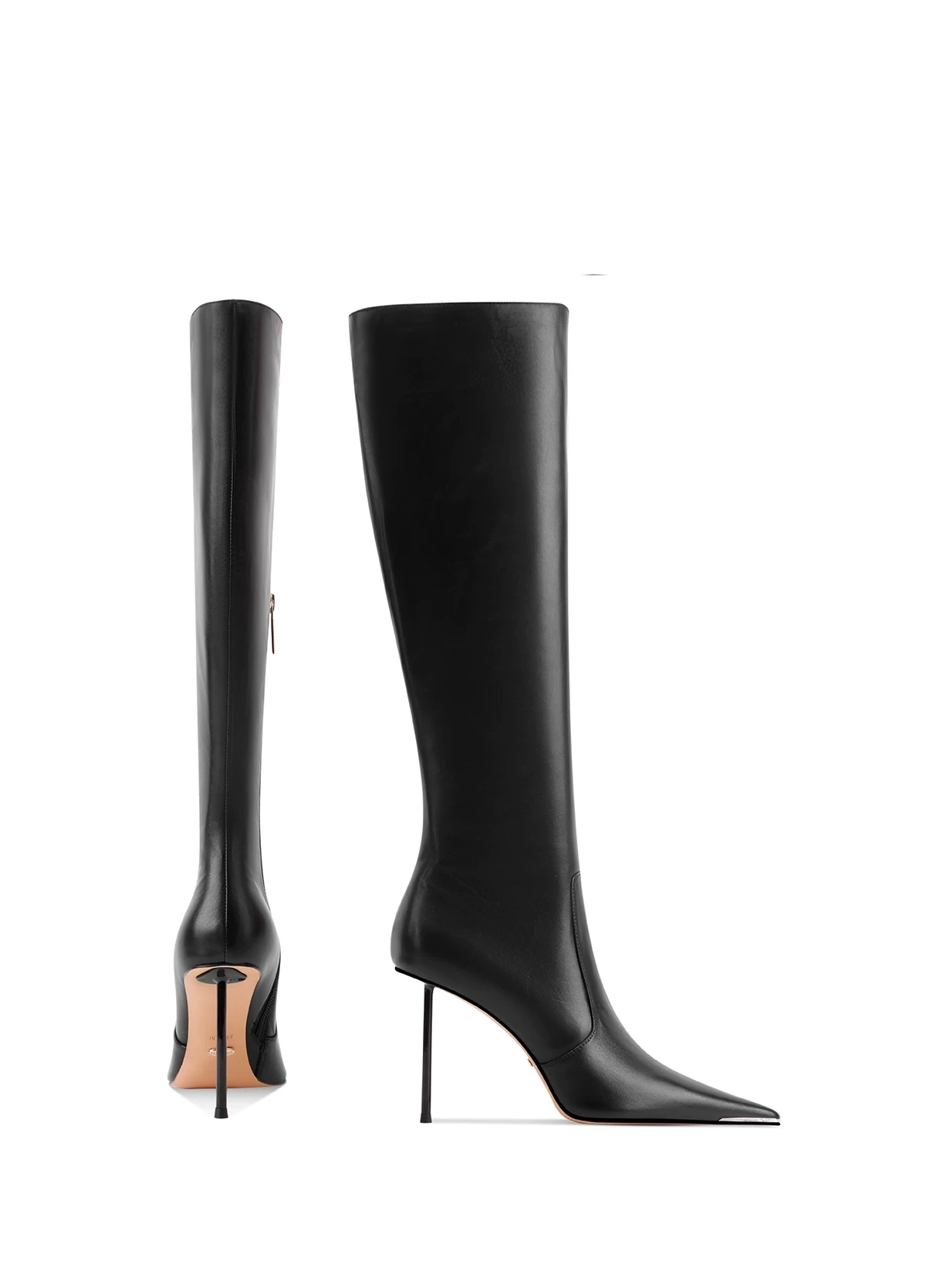 Black Leather Pointed Toe Knee High Stiletto Boots With Slim Metal Tip – Designer Shoe Manufacturer