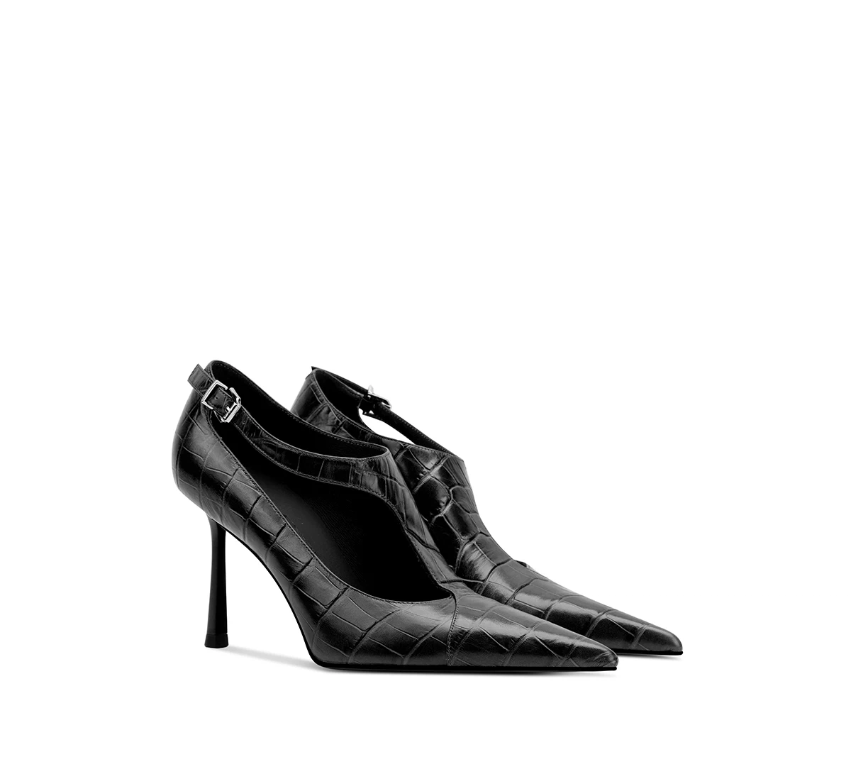 Black Croc Embossed Pointed Cutout Pumps With Ankle Buckle Stiletto