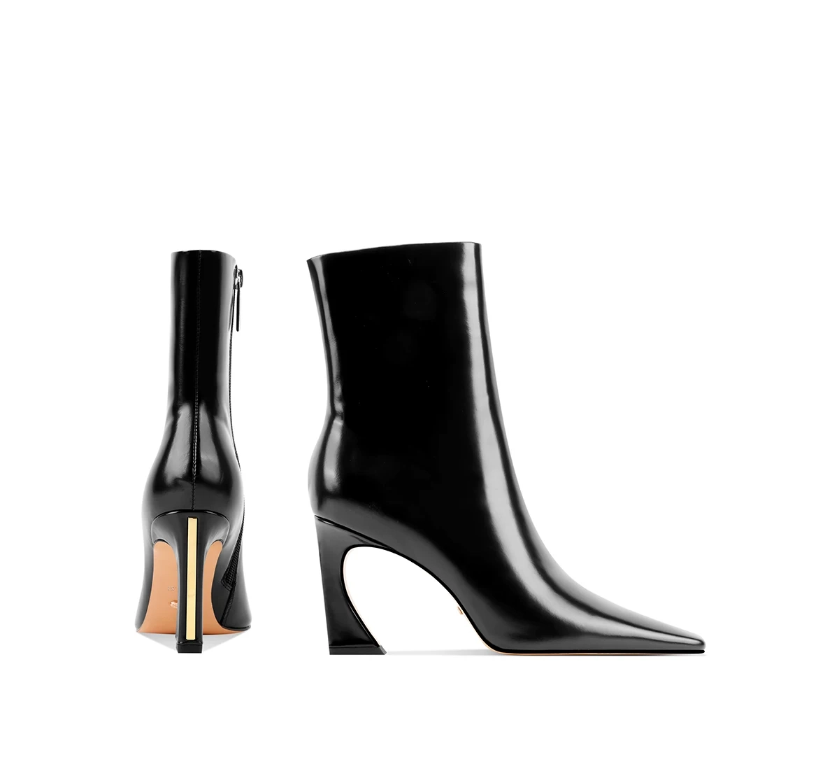 Black Patent Leather Pointed Ankle Boots With Sculptural Cutout Heel
