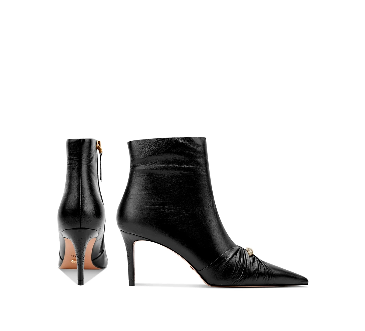 Black Leather Pointed Ankle Boots With Ruched Toe & Crystal Embellishment