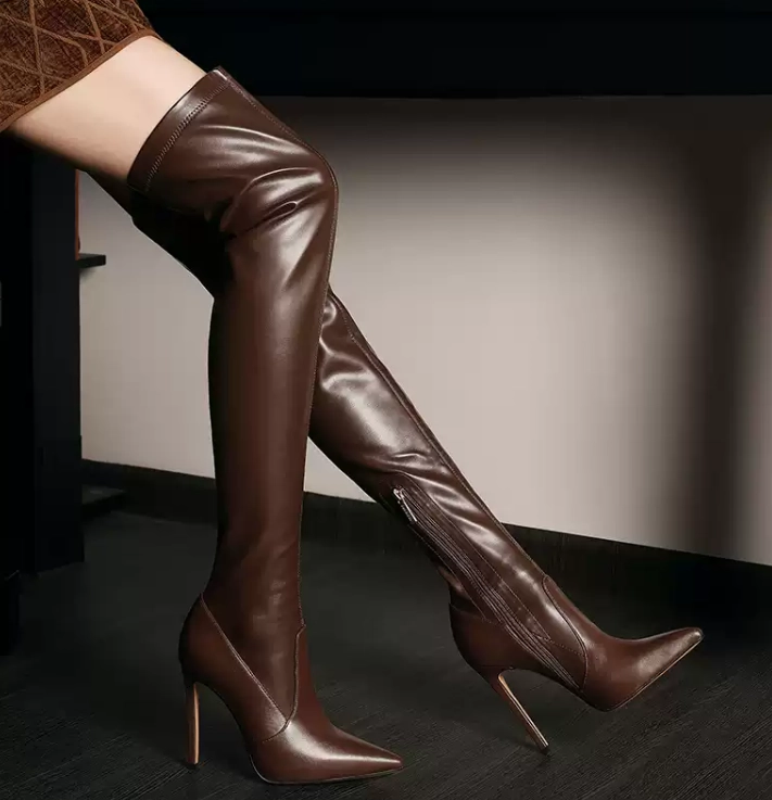 Dark Brown Leather Pointed Toe Thigh High Stiletto Boots – Designer Shoe Manufacturer
