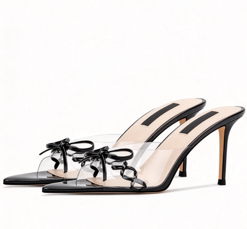 Chic Clear Strap Pointed Toe Bow & Chain Stiletto Mules – Designer Shoe Manufacturer